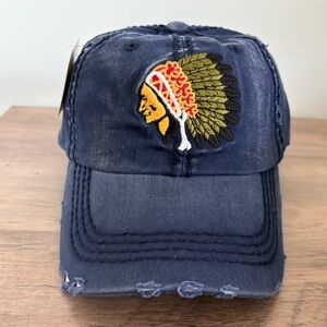 Distressed Navy Adjustable Cap with Native Chief Design